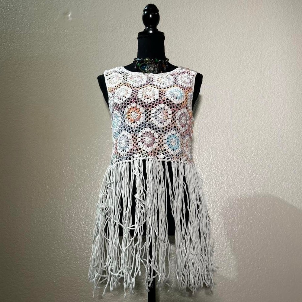 Zara Boho Crochet Fringe Hippie Festival Tank Top Cami Pastel Multi Color Large